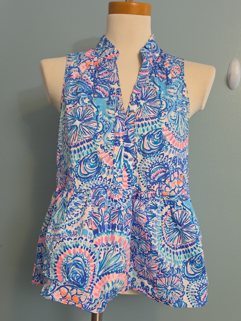 Lilly Pulitzer Blue Pink Floral Shell-Print Sleeveless Top Sz XS